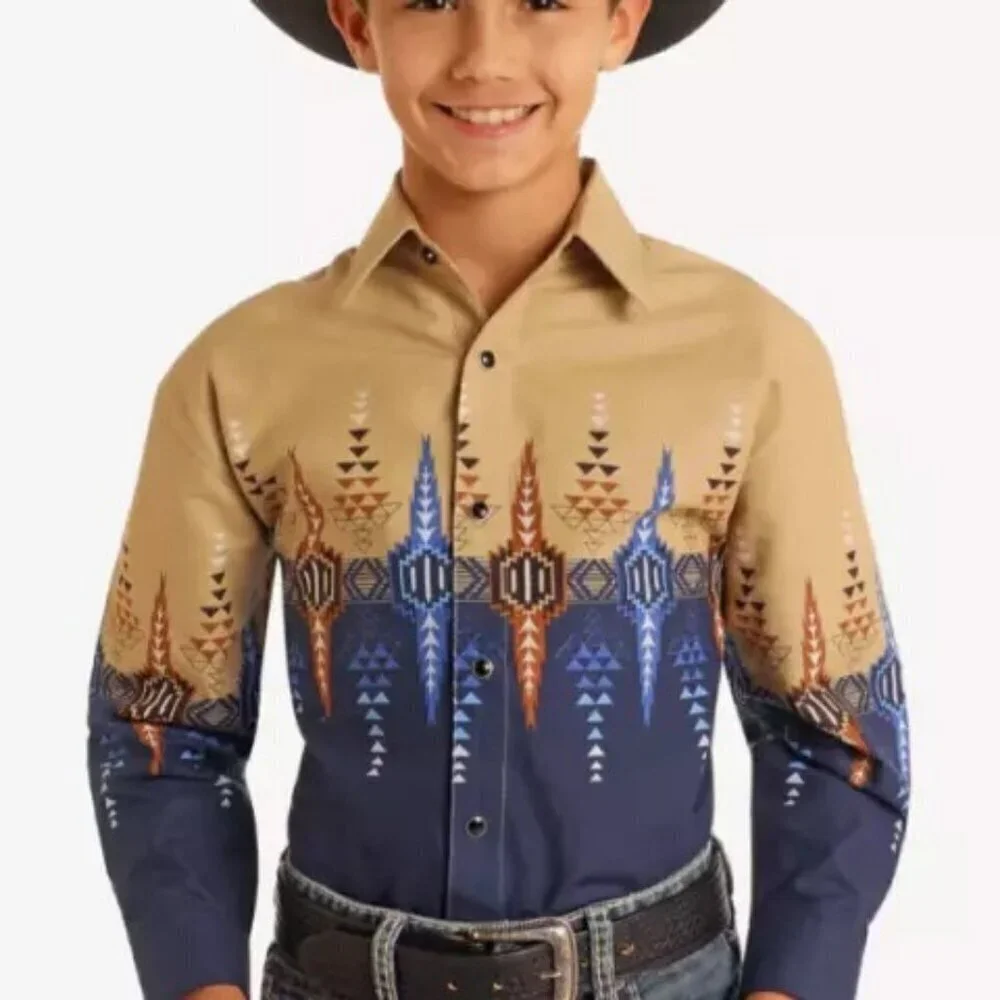 Panhandle Youth Boy's Long Sleeve Western Border Print Snap Shirt Navy/Khaki